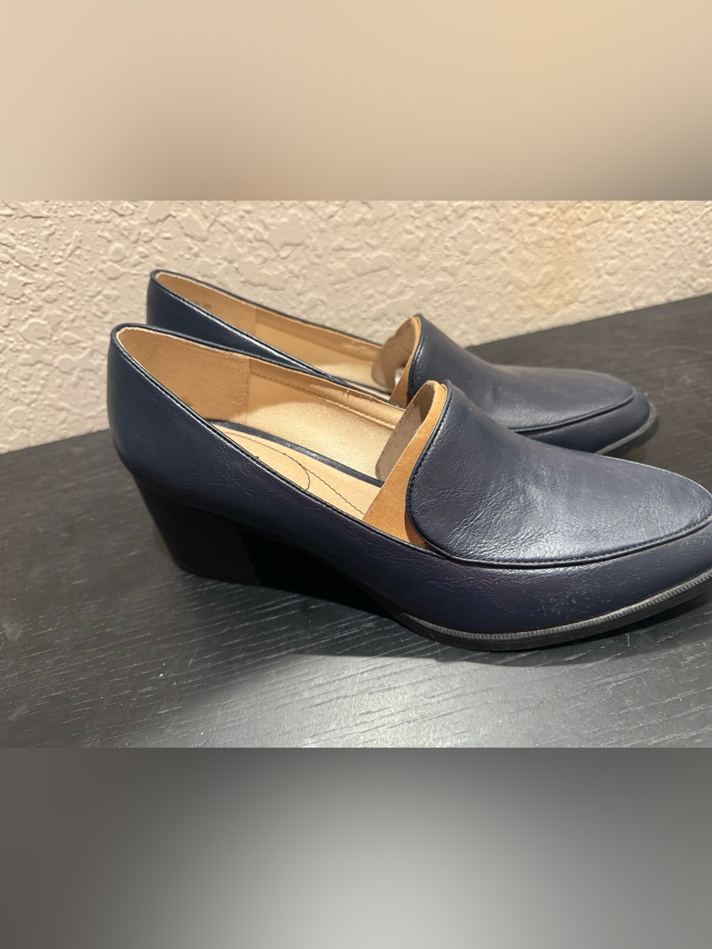 Life Stride Navy Slip-On Block Heel Loafers with Tan Accent